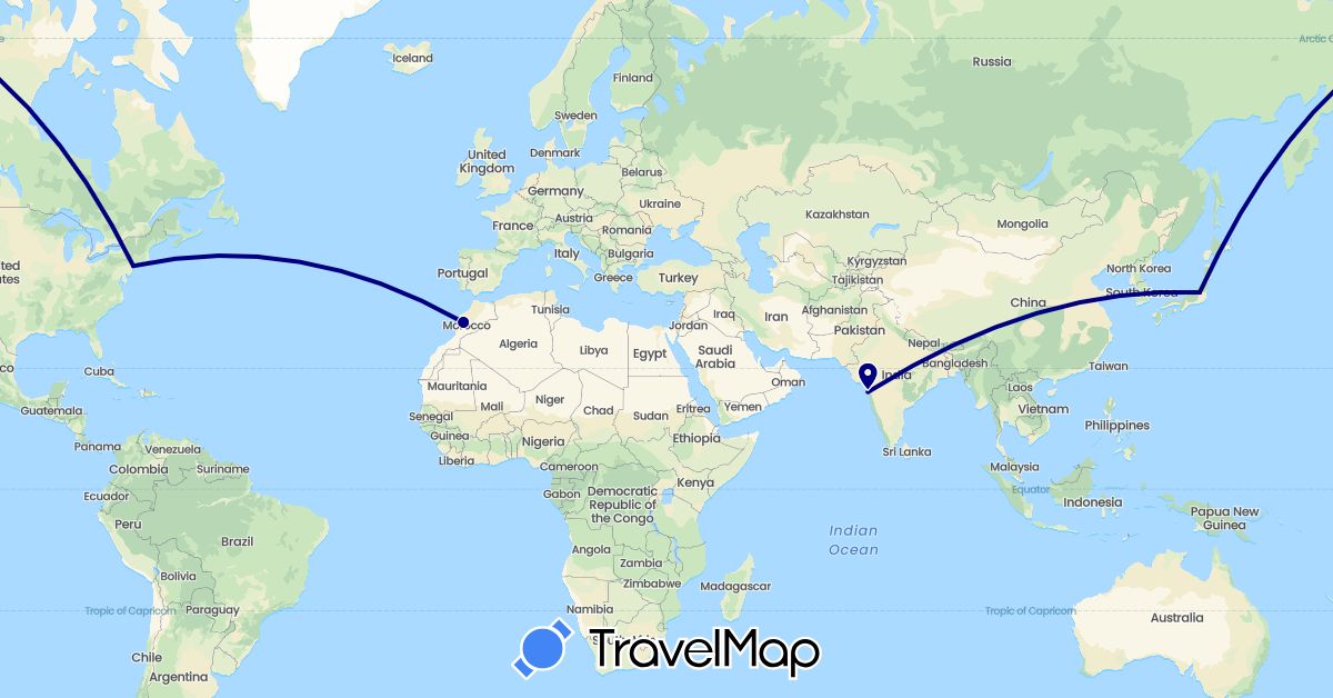 TravelMap itinerary: driving in India, Japan, Morocco, United States (Africa, Asia, North America)